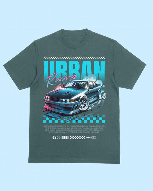 Urban Racing custom t-shirt in Oman by Bosha – streetwear-style design on white cotton tee